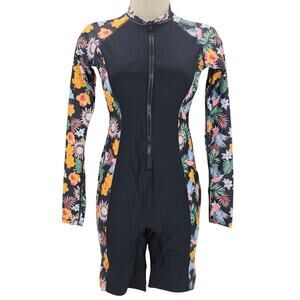 Zando Womans size S Long Sleeve Rashguard Boylegs One Piece Swimsuit Black NWOT